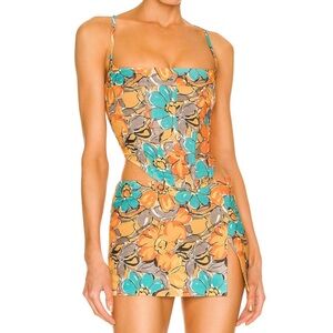 Miaou V Corset Top and Micro Mini Skirt in Parisian Flower Orange